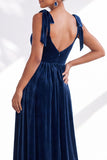 Coffee A Line Tie Strap Velvet Bridesmaid Dress with Slit