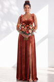 Coffee A Line Tie Strap Velvet Bridesmaid Dress with Slit