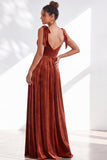 Coffee A Line Tie Strap Velvet Bridesmaid Dress with Slit