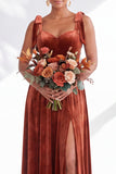 Coffee A Line Tie Strap Velvet Bridesmaid Dress with Slit