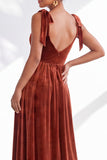 Coffee A Line Tie Strap Velvet Bridesmaid Dress with Slit