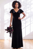 Velvet V Neck Dark Purple Bridesmaid Dress with Short Sleeves