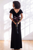 Velvet V Neck Dark Purple Bridesmaid Dress with Short Sleeves