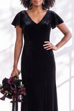 Velvet V Neck Dark Purple Bridesmaid Dress with Short Sleeves