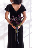 Velvet V Neck Dark Purple Bridesmaid Dress with Short Sleeves