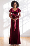 Velvet V Neck Dark Purple Bridesmaid Dress with Short Sleeves