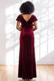 Velvet V Neck Dark Purple Bridesmaid Dress with Short Sleeves