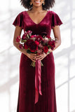 Velvet V Neck Dark Purple Bridesmaid Dress with Short Sleeves