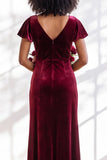 Velvet V Neck Dark Purple Bridesmaid Dress with Short Sleeves