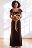 Velvet V Neck Dark Purple Bridesmaid Dress with Short Sleeves