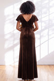 Velvet V Neck Dark Purple Bridesmaid Dress with Short Sleeves