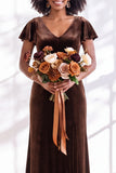 Velvet V Neck Dark Purple Bridesmaid Dress with Short Sleeves