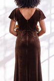 Velvet V Neck Dark Purple Bridesmaid Dress with Short Sleeves