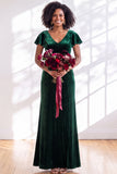 Velvet V Neck Dark Purple Bridesmaid Dress with Short Sleeves