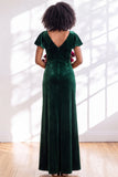 Velvet V Neck Dark Purple Bridesmaid Dress with Short Sleeves