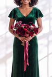 Velvet V Neck Dark Purple Bridesmaid Dress with Short Sleeves