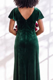 Velvet V Neck Dark Purple Bridesmaid Dress with Short Sleeves