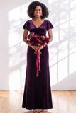Velvet V Neck Dark Purple Bridesmaid Dress with Short Sleeves