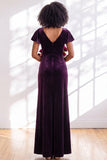 Velvet V Neck Dark Purple Bridesmaid Dress with Short Sleeves