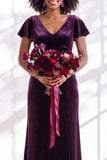 Velvet V Neck Dark Purple Bridesmaid Dress with Short Sleeves