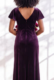 Velvet V Neck Dark Purple Bridesmaid Dress with Short Sleeves