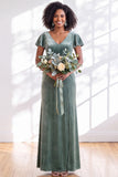 Velvet V Neck Dark Purple Bridesmaid Dress with Short Sleeves