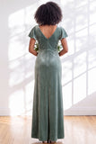 Velvet V Neck Dark Purple Bridesmaid Dress with Short Sleeves