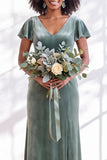 Velvet V Neck Dark Purple Bridesmaid Dress with Short Sleeves