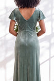 Velvet V Neck Dark Purple Bridesmaid Dress with Short Sleeves
