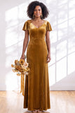 Velvet V Neck Dark Purple Bridesmaid Dress with Short Sleeves