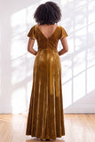 Velvet V Neck Dark Purple Bridesmaid Dress with Short Sleeves