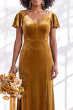 Velvet V Neck Dark Purple Bridesmaid Dress with Short Sleeves
