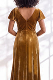 Velvet V Neck Dark Purple Bridesmaid Dress with Short Sleeves