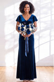 Velvet V Neck Dark Purple Bridesmaid Dress with Short Sleeves