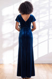 Velvet V Neck Dark Purple Bridesmaid Dress with Short Sleeves
