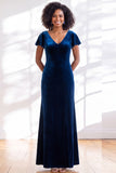 Velvet V Neck Dark Purple Bridesmaid Dress with Short Sleeves