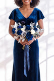 Velvet V Neck Dark Purple Bridesmaid Dress with Short Sleeves