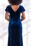Velvet V Neck Dark Purple Bridesmaid Dress with Short Sleeves