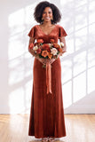 Velvet V Neck Dark Purple Bridesmaid Dress with Short Sleeves