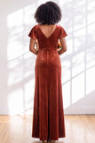 Velvet V Neck Dark Purple Bridesmaid Dress with Short Sleeves