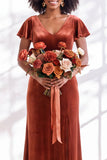 Velvet V Neck Dark Purple Bridesmaid Dress with Short Sleeves