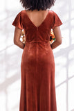 Velvet V Neck Dark Purple Bridesmaid Dress with Short Sleeves