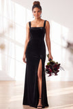 Dark Green Square Neck Sheath Velvet Bridesmaid Dress with Slit