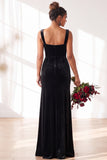 Dark Green Square Neck Sheath Velvet Bridesmaid Dress with Slit
