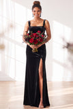 Dark Green Square Neck Sheath Velvet Bridesmaid Dress with Slit
