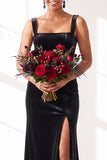 Dark Green Square Neck Sheath Velvet Bridesmaid Dress with Slit