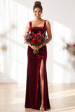 Dark Green Square Neck Sheath Velvet Bridesmaid Dress with Slit