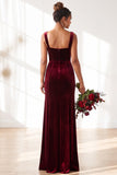 Dark Green Square Neck Sheath Velvet Bridesmaid Dress with Slit