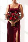 Dark Green Square Neck Sheath Velvet Bridesmaid Dress with Slit
