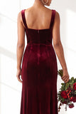 Dark Green Square Neck Sheath Velvet Bridesmaid Dress with Slit